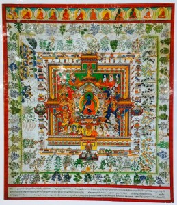 Traditionelle Darstellung des Medizinbuddha mit seinem Mandala und umgeben von Heilpflanzen.